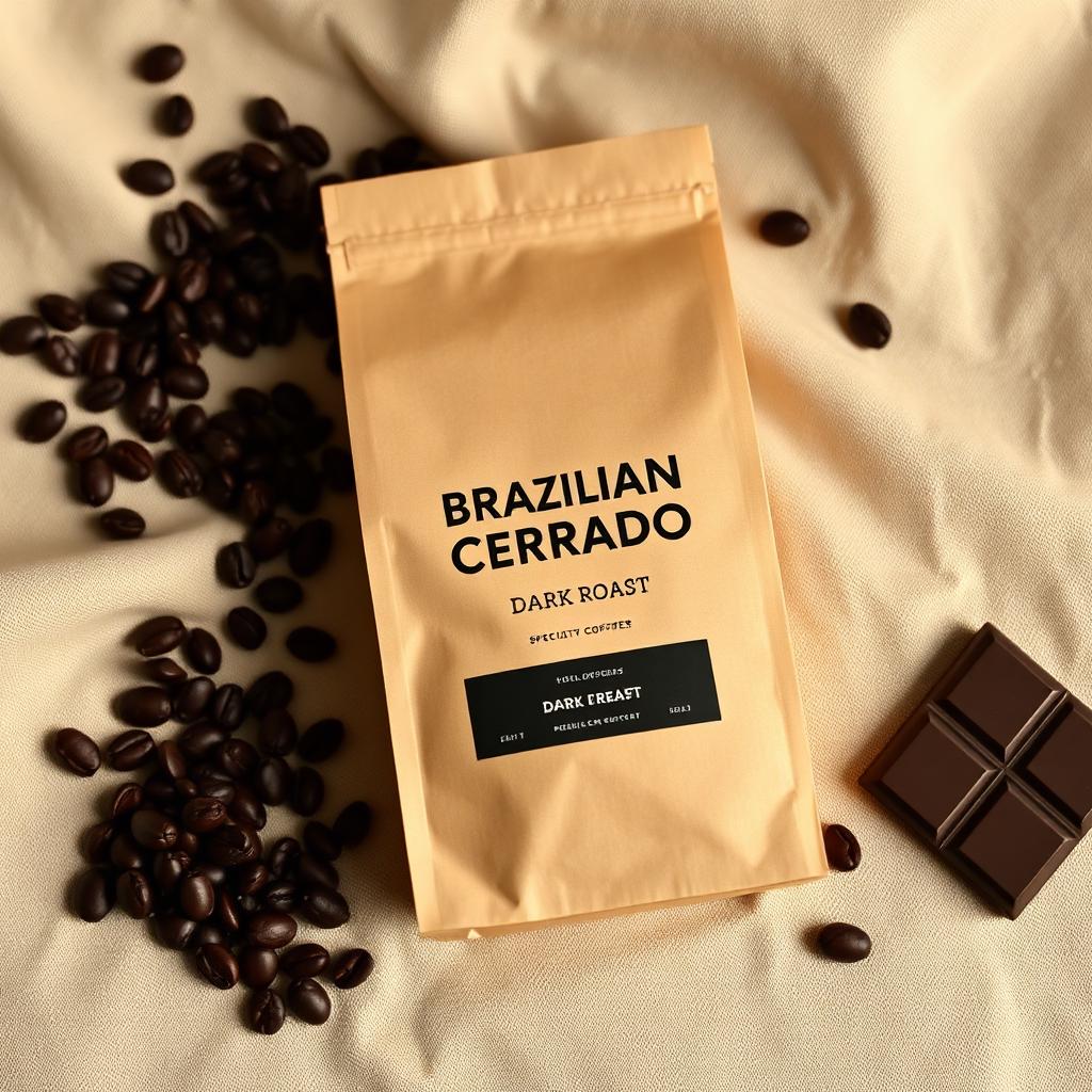 Brazilian Cerrado dark roast coffee bag with dark chocolate