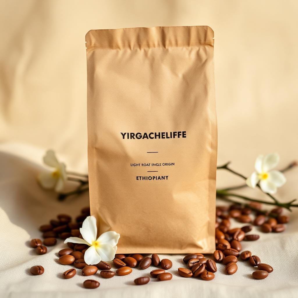 Yirgacheffe single origin light roast coffee bag with jasmine flowers and beans
