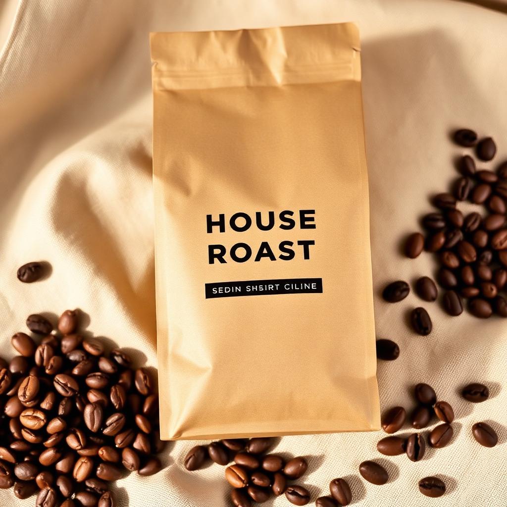 House blend medium roast coffee bag with scattered beans