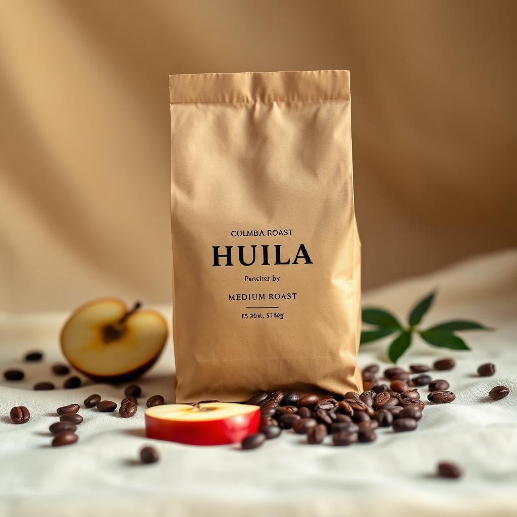 Huila medium roast Colombian coffee bag with red apple slices