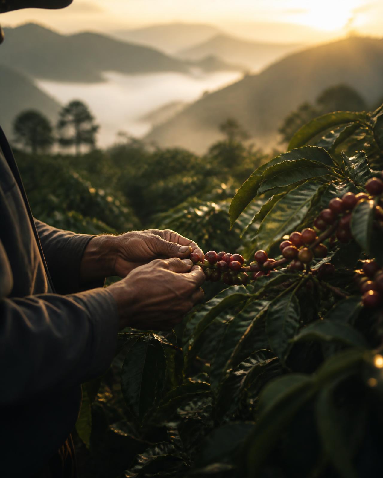 A farmer's hands checking ripe coffee cherries on a misty mountainside plantation at sunrise.