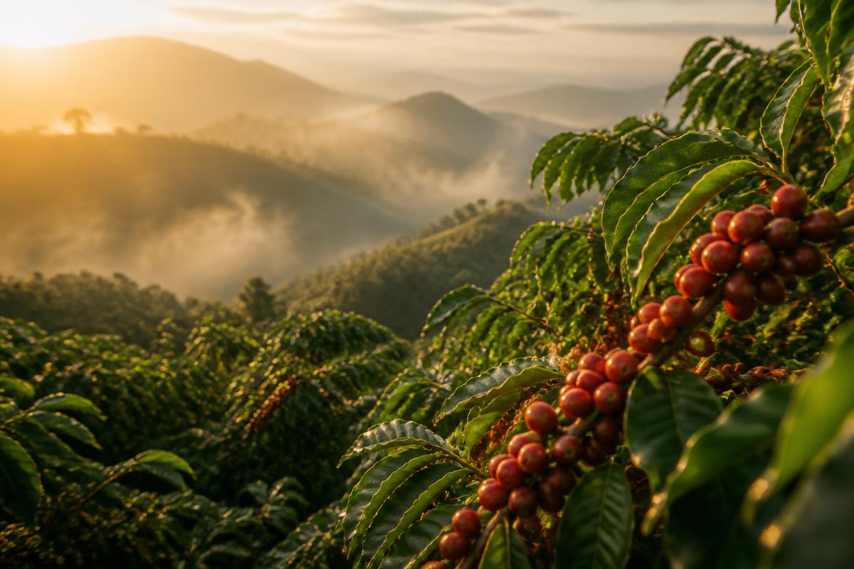 Heirloom coffee trees with ripe red cherries in the misty highlands of Yirgacheffe, Ethiopia