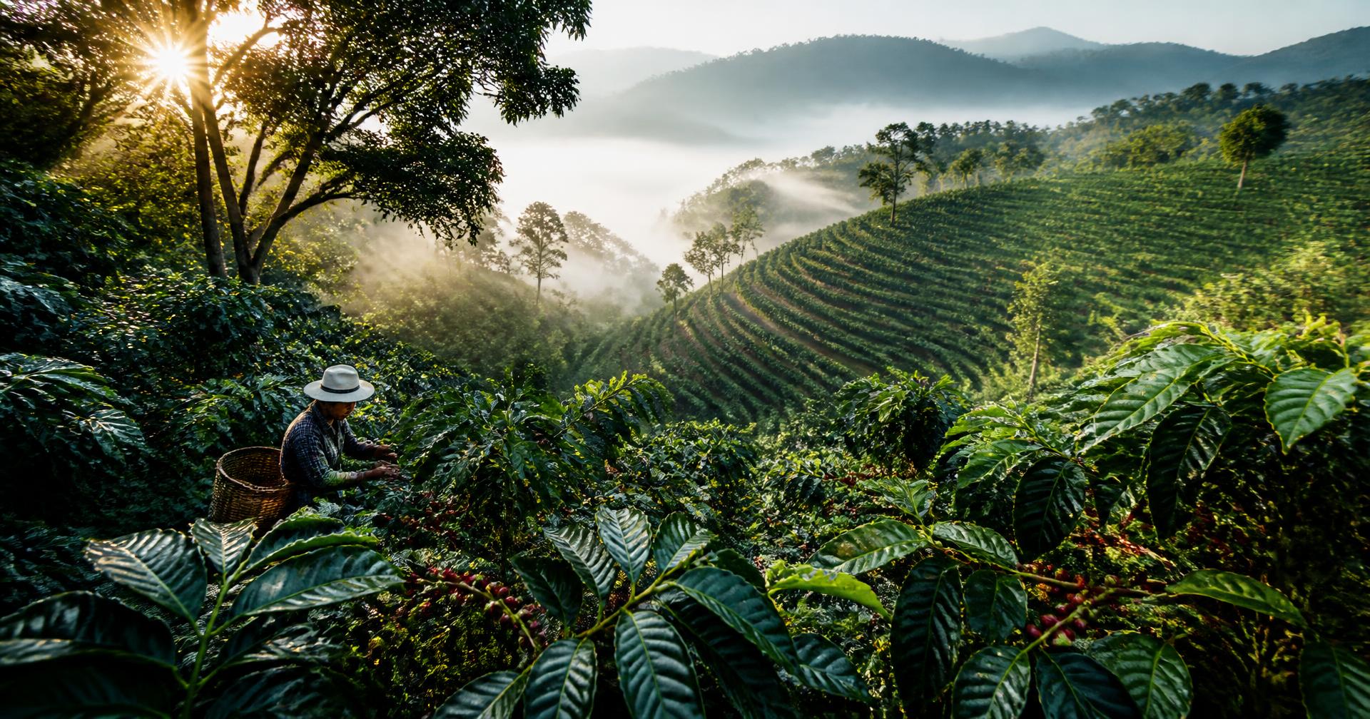 Terraced coffee plantation in morning mist with a picker harvesting cherries among shade trees.